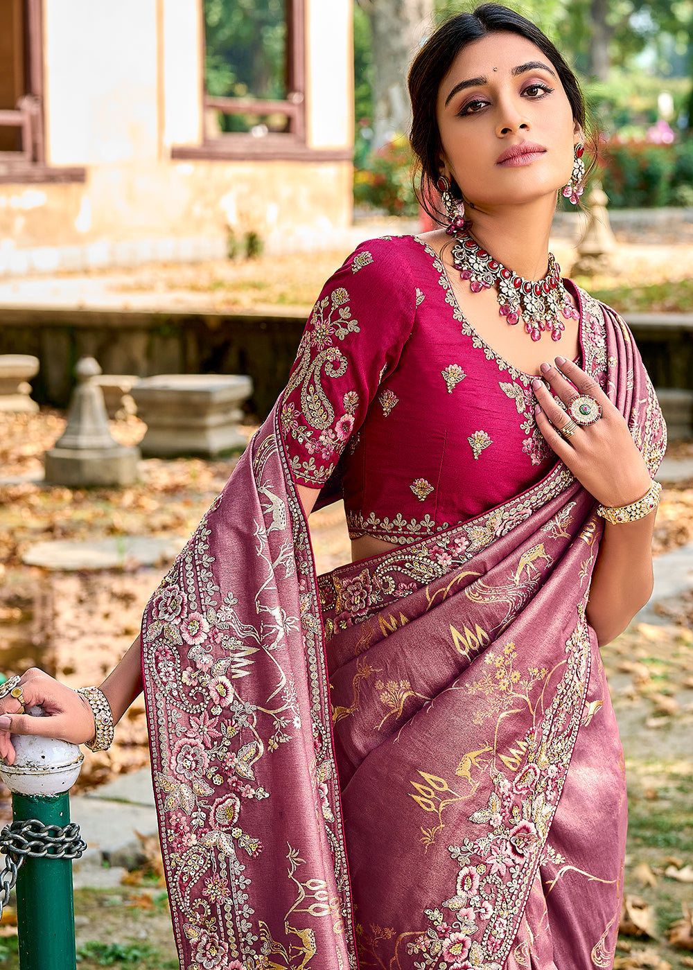 Mulberry Pink Tissue Silk Saree with Stone & Embroidery cut Work Border