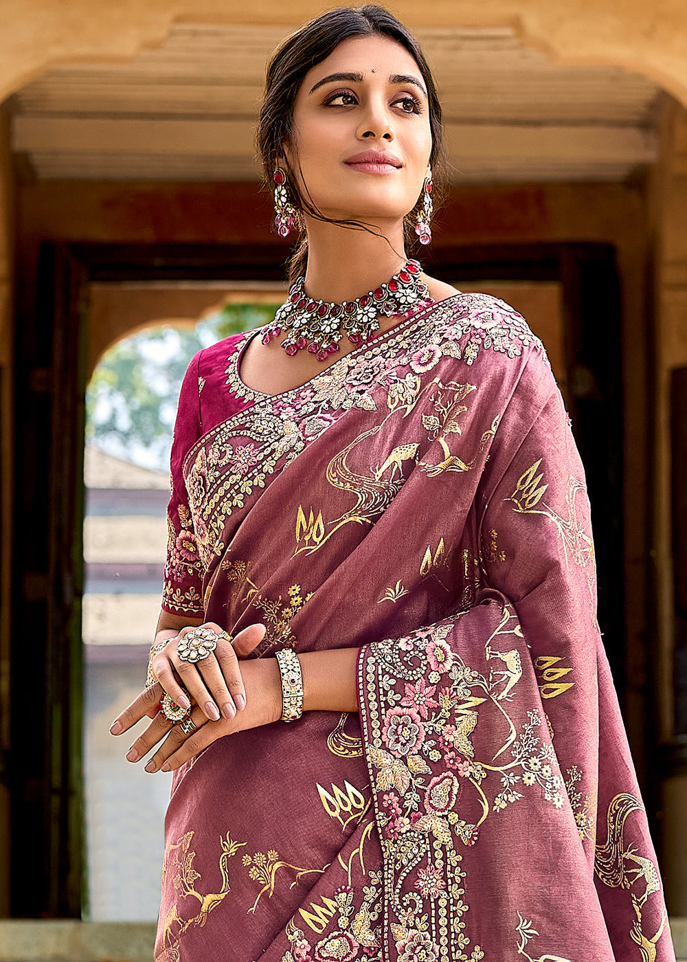 Mulberry Pink Tissue Silk Saree with Stone & Embroidery cut Work Border