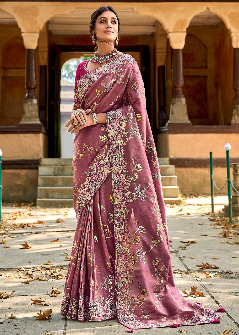 Mulberry Pink Tissue Silk Saree with Stone & Embroidery cut Work Border