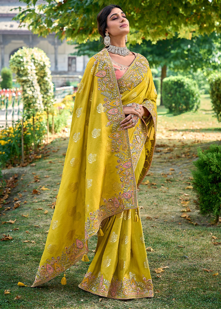 Dark Titanium Yellow Tissue Silk Saree with Stone & Embroidery cut Work Border