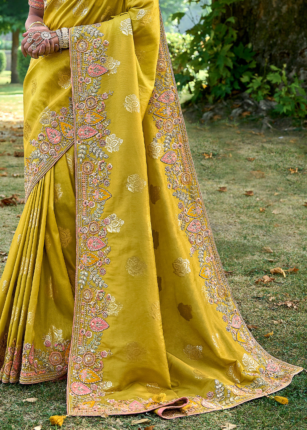 Dark Titanium Yellow Tissue Silk Saree with Stone & Embroidery cut Work Border