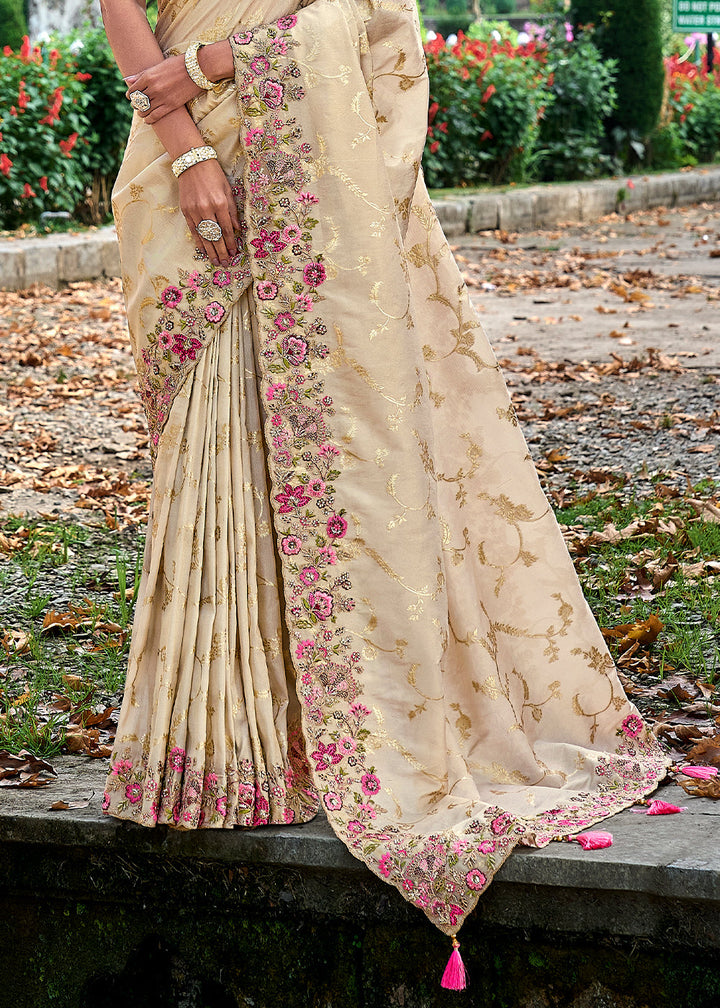 Cream White Tissue Silk Saree with Stone & Embroidery cut Work Border(Pre-Order)