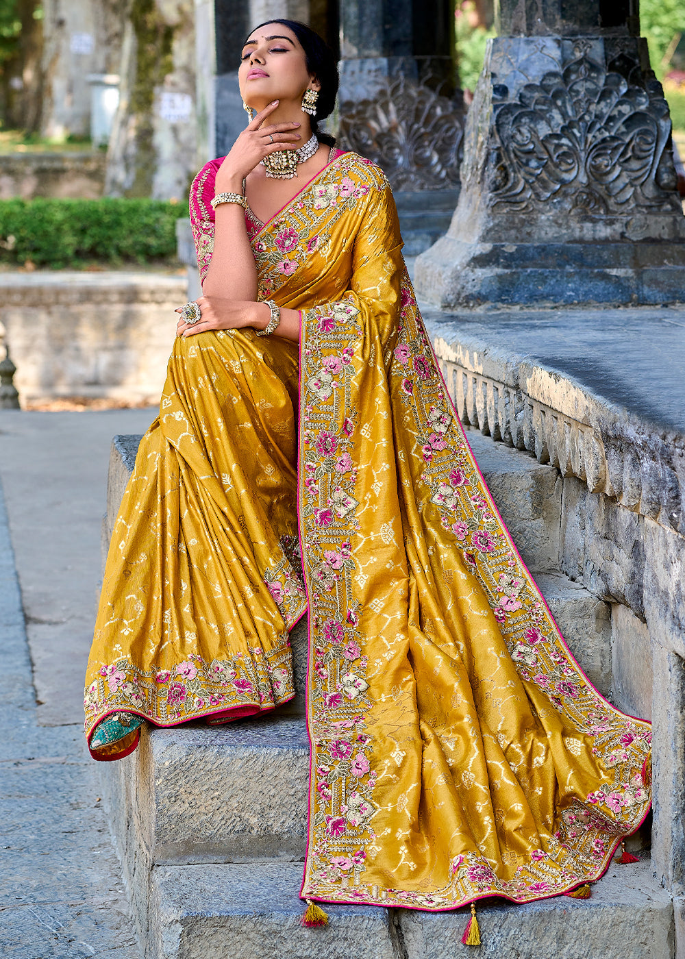 Mustard Yellow Tissue Silk Saree with Stone & Embroidery cut Work Border