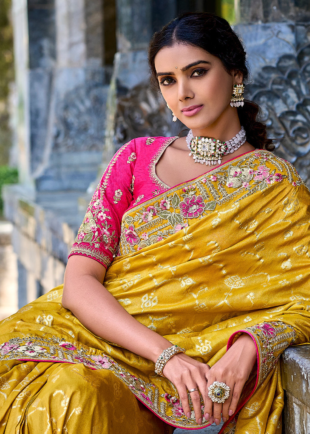 Mustard Yellow Tissue Silk Saree with Stone & Embroidery cut Work Border