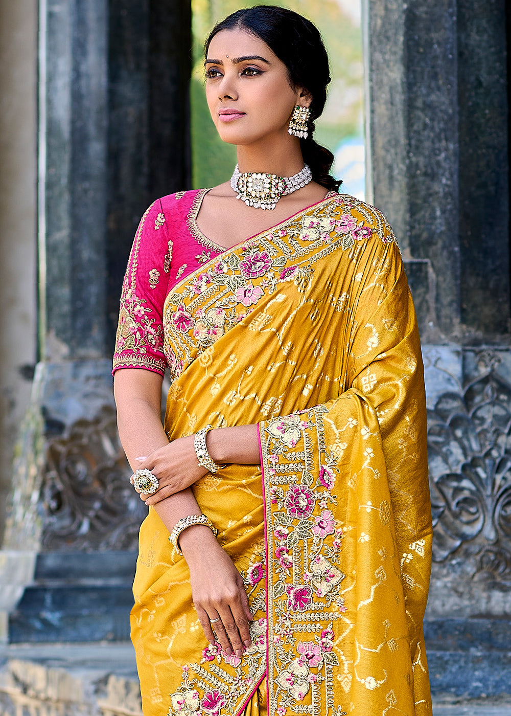 Mustard Yellow Tissue Silk Saree with Stone & Embroidery cut Work Border