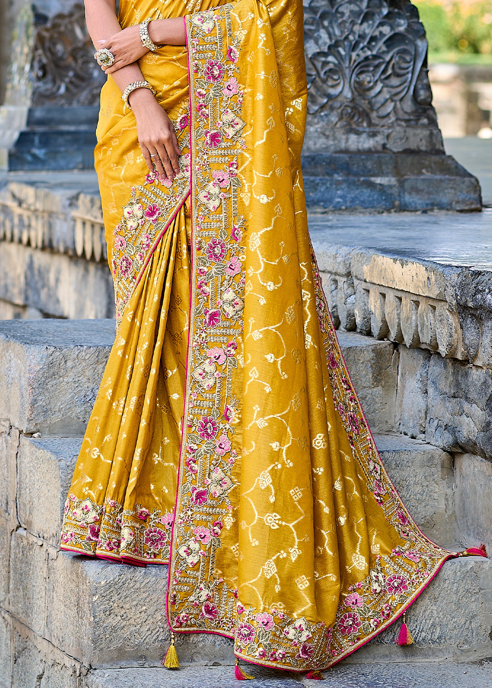 Mustard Yellow Tissue Silk Saree with Stone & Embroidery cut Work Border