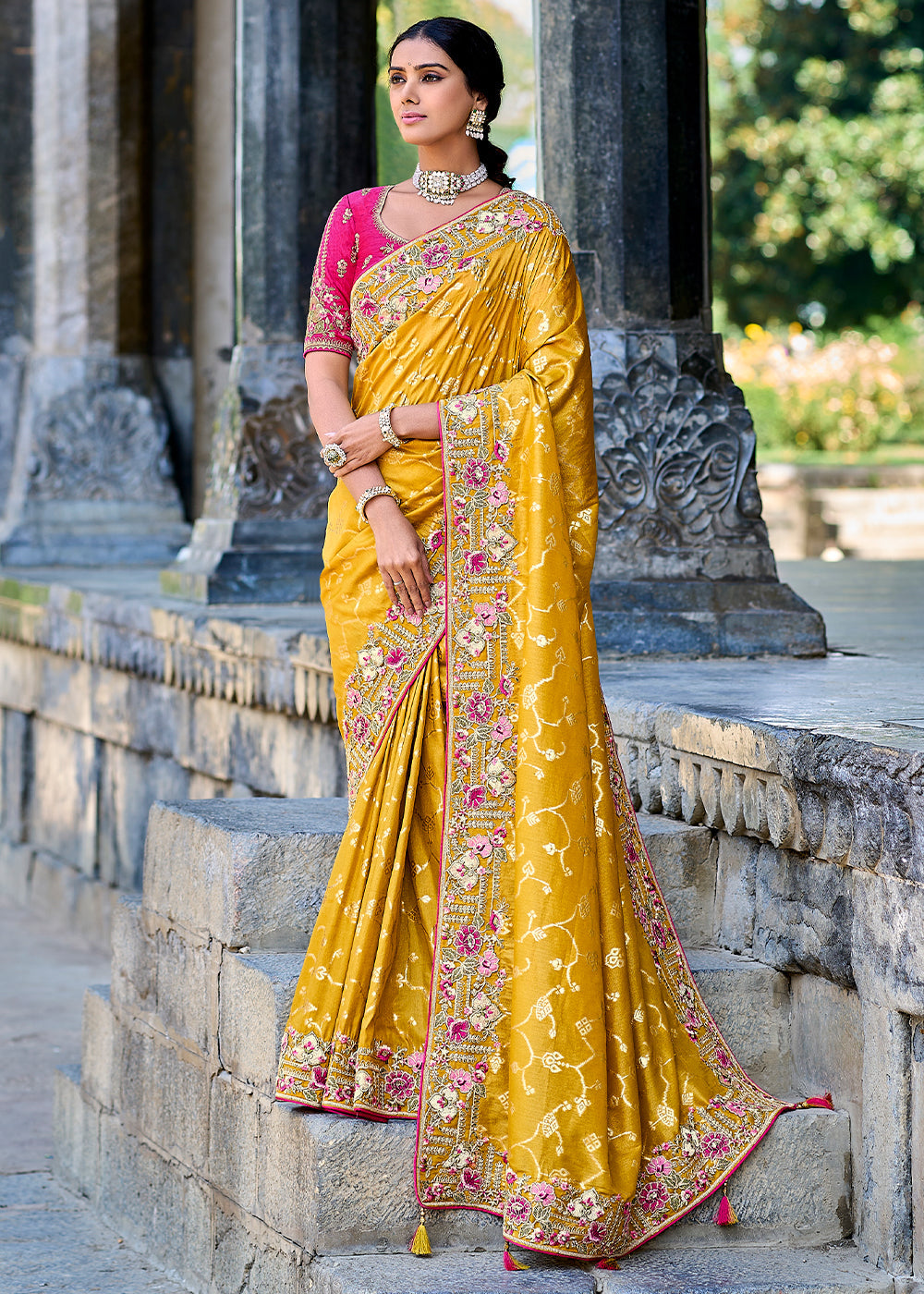 Mustard Yellow Tissue Silk Saree with Stone & Embroidery cut Work Border