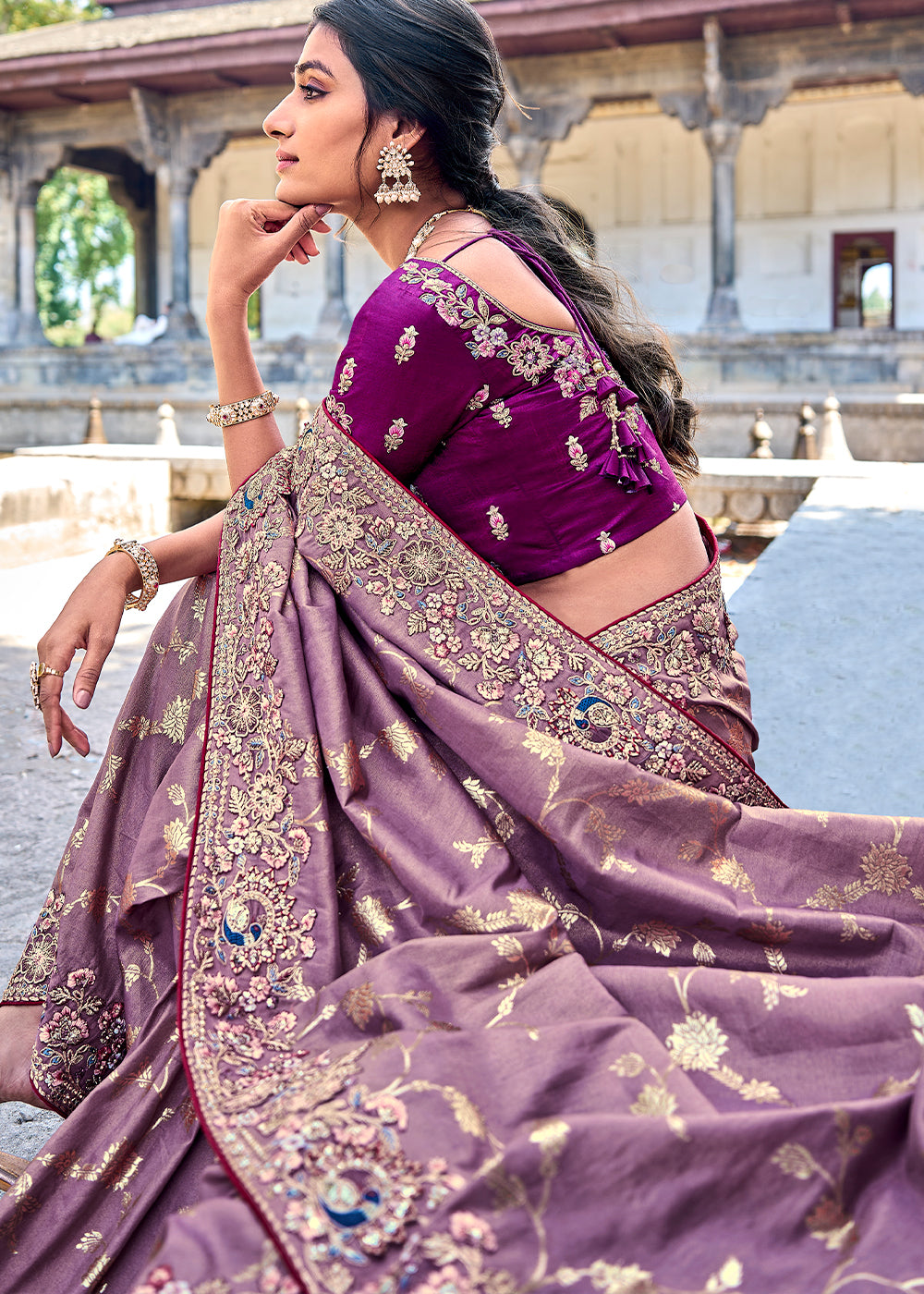 Iris Purple Tissue Silk Saree with Stone & Embroidery cut Work Border(Pre-Order)