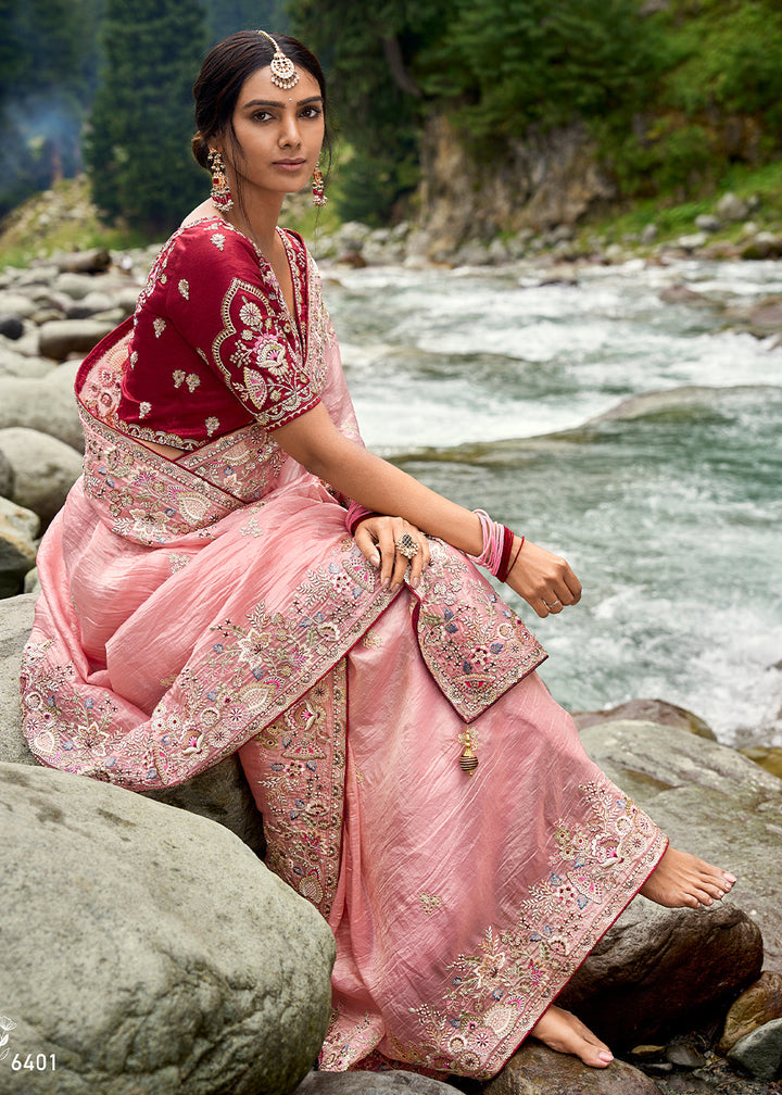 Peach Pink Crackle Crush Silk Saree with Intricate Embroidery work(Pre-Order)