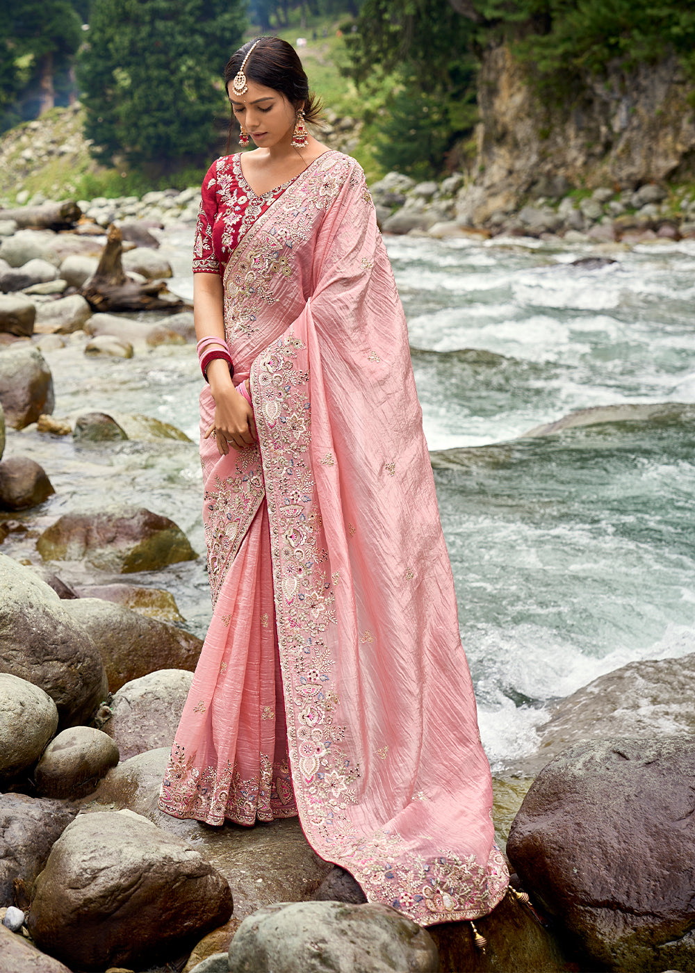 Peach Pink Crackle Crush Silk Saree with Intricate Embroidery work(Pre-Order)