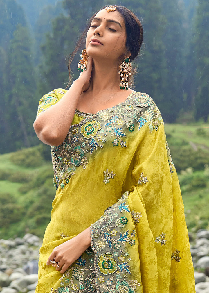 Titanium Yellow Viscose Silk Saree with Intricate Embroidery work