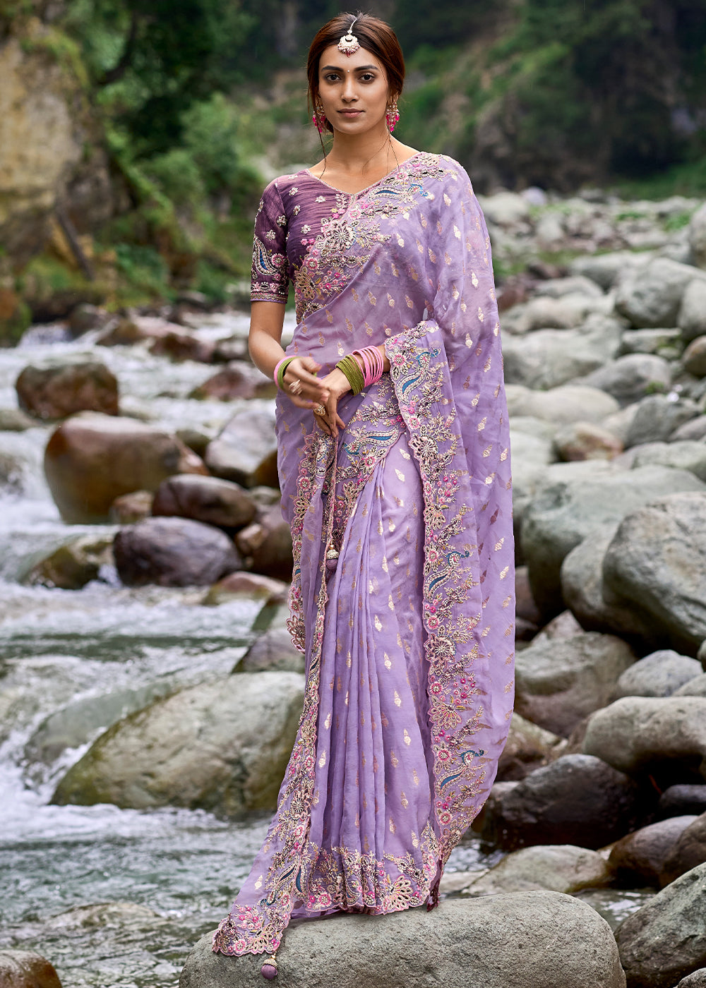 Floral Purple Organza Silk Saree with Intricate Embroidery work