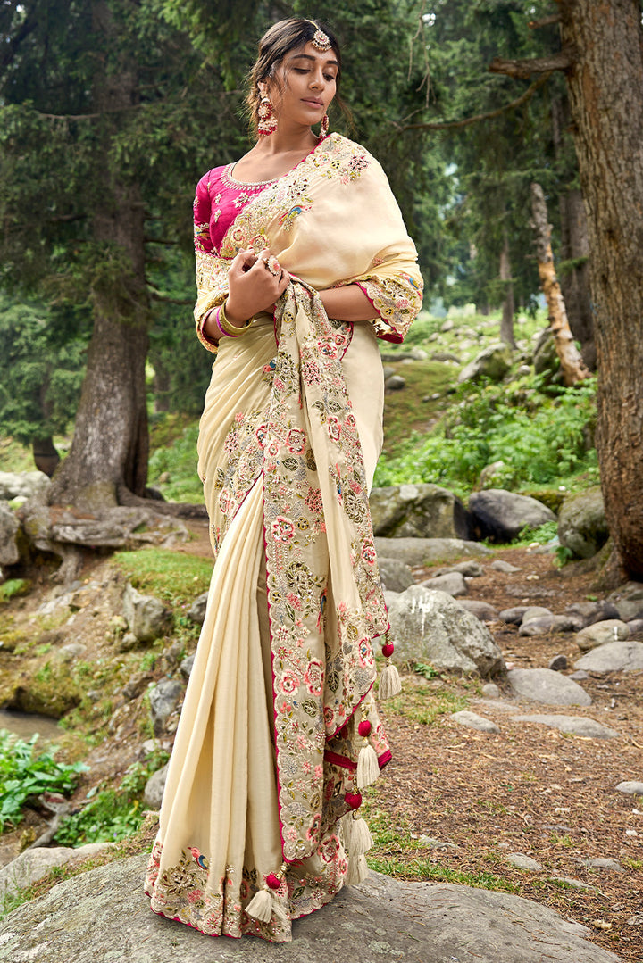 Cream White Satin Organza Silk Saree with Intricate Embroidery work(Pre-Order)