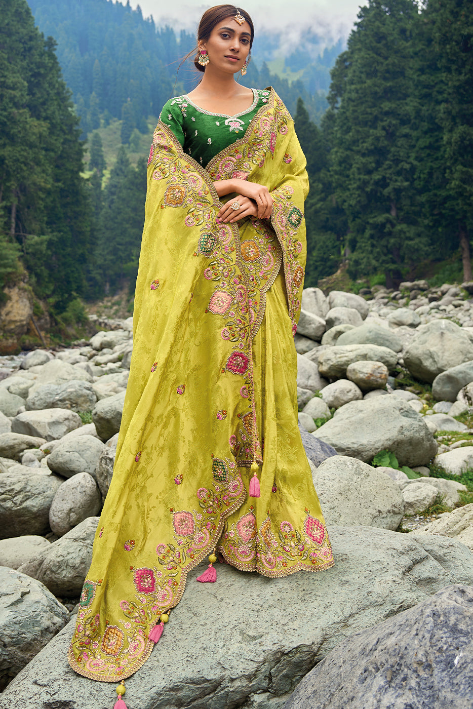 Pistachio Green Viscose Silk Saree with Intricate Embroidery work