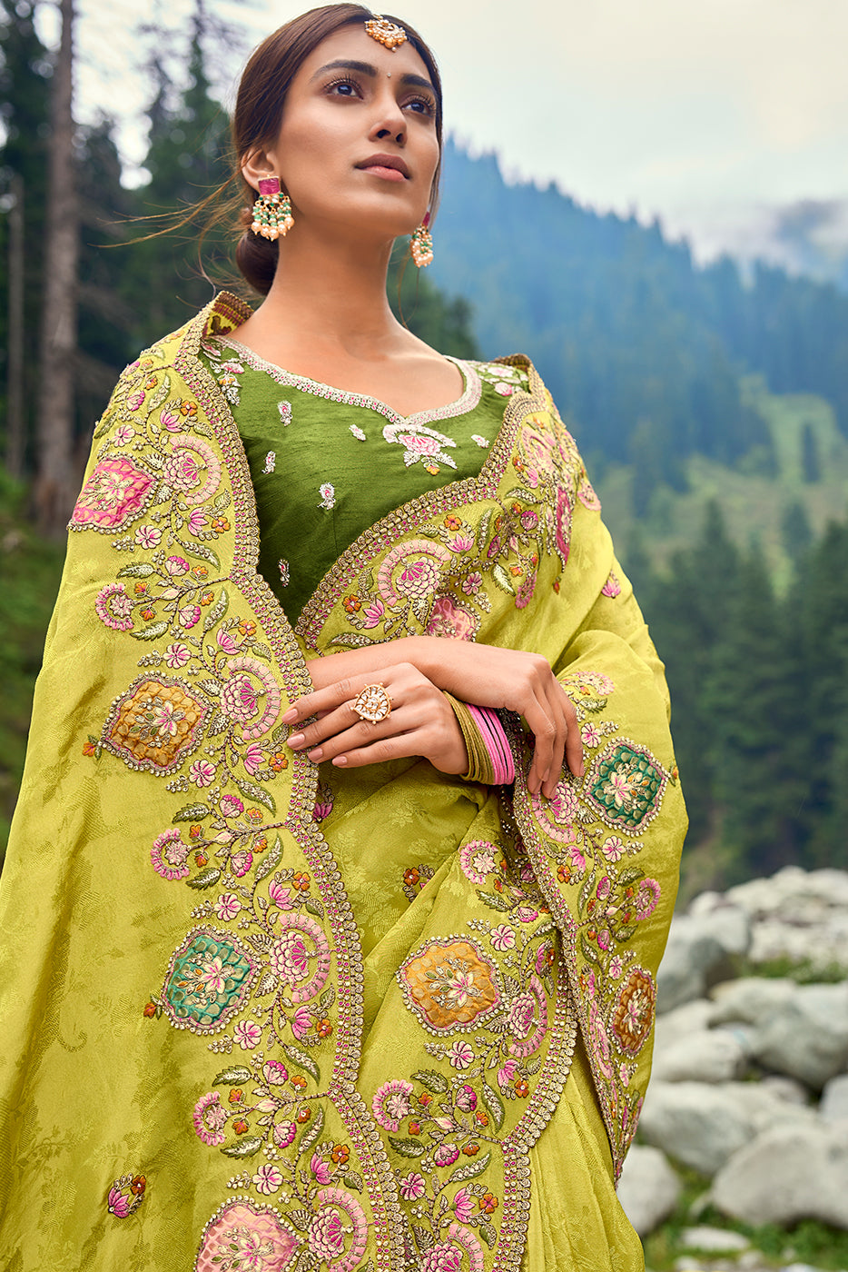 Pistachio Green Viscose Silk Saree with Intricate Embroidery work