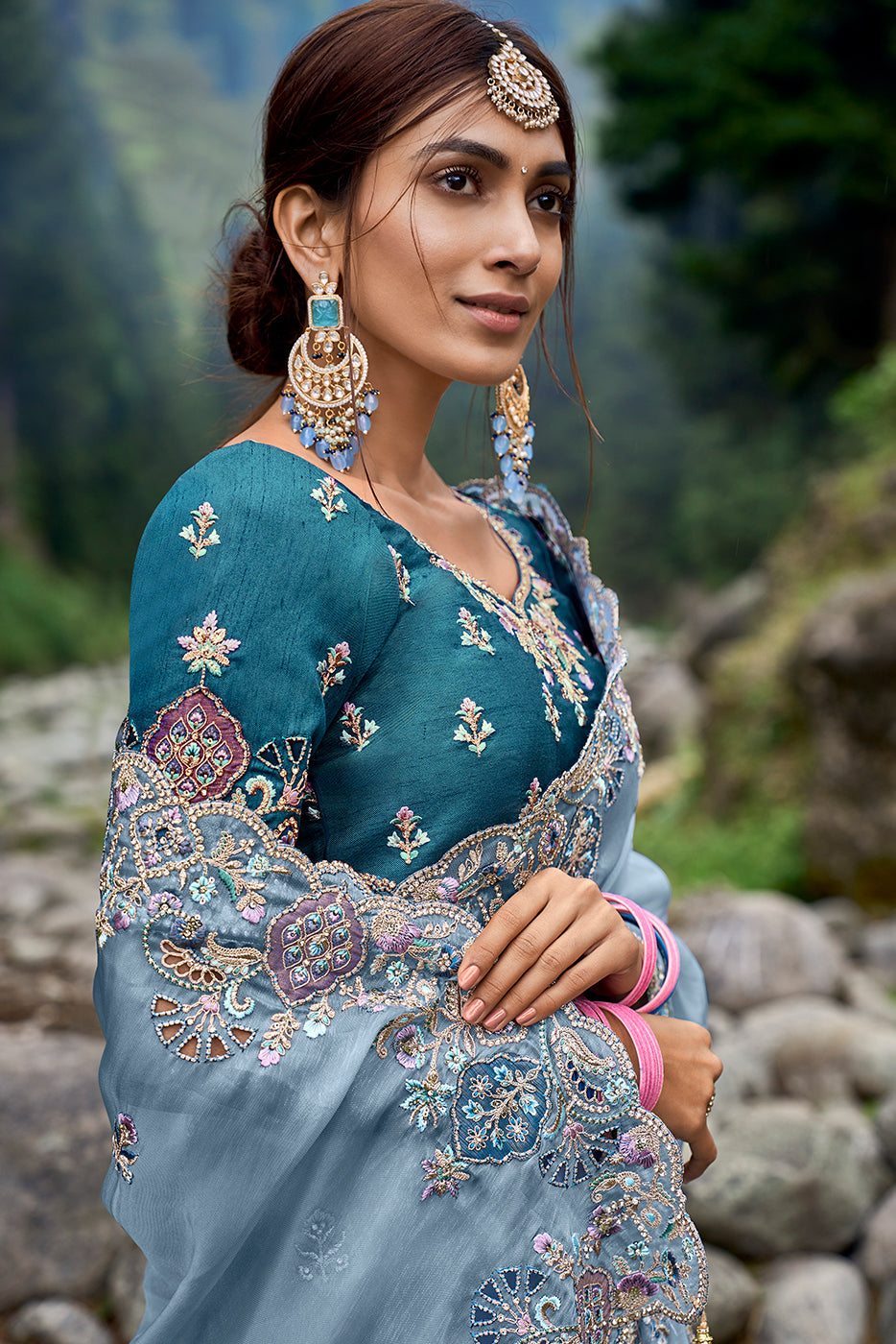 Powder Blue Organza Silk Saree with Intricate Embroidery work