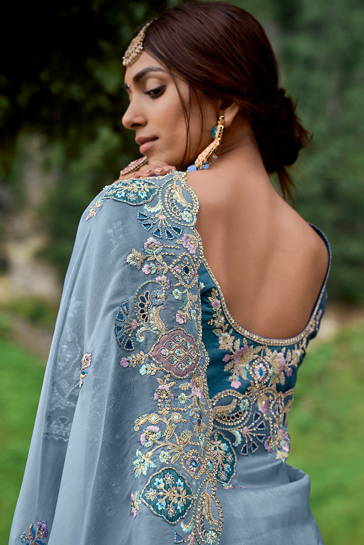 Powder Blue Organza Silk Saree with Intricate Embroidery work