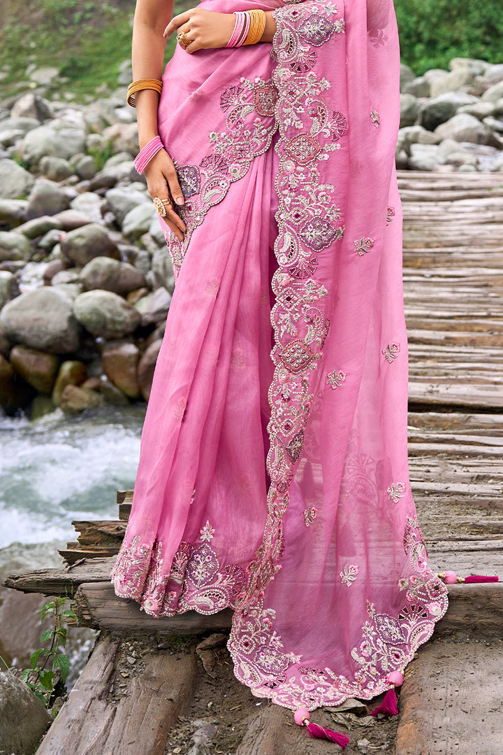 Fuschia Pink Organza Silk Saree with Intricate Embroidery work