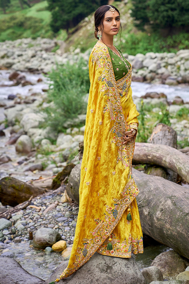 Saffron Yellow Viscose Silk Saree with Intricate Embroidery work