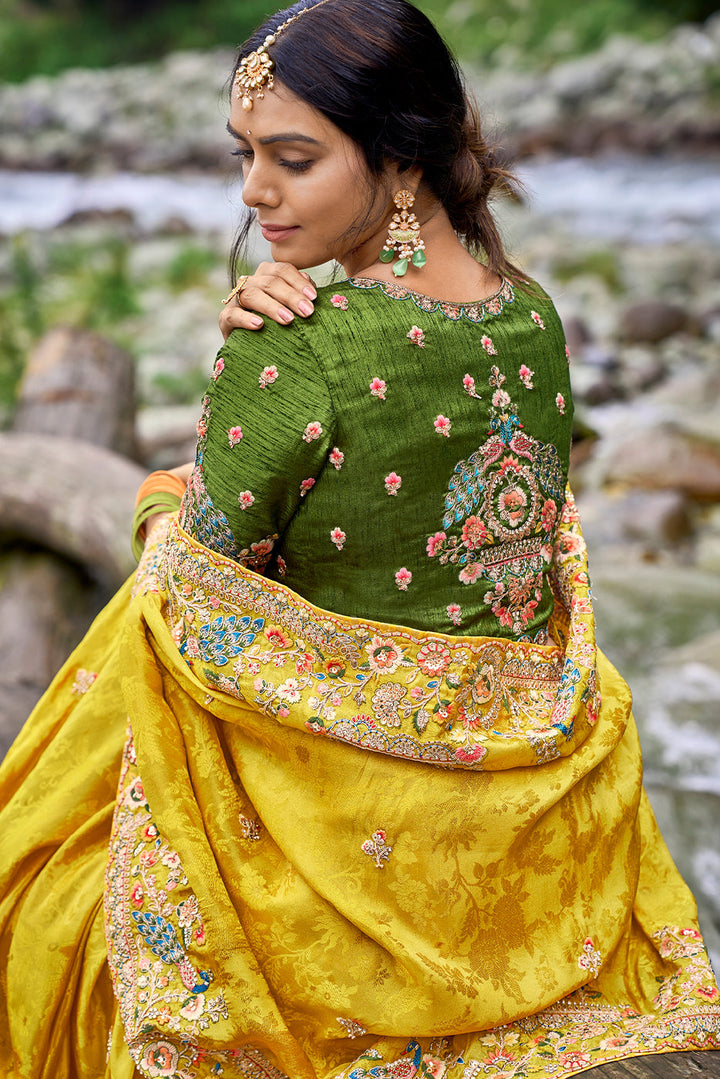 Saffron Yellow Viscose Silk Saree with Intricate Embroidery work