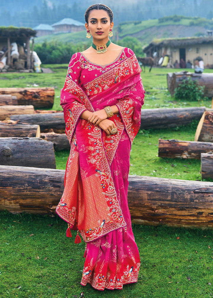 Magenta Pink Dola Silk Saree with Heavy Embroidery work