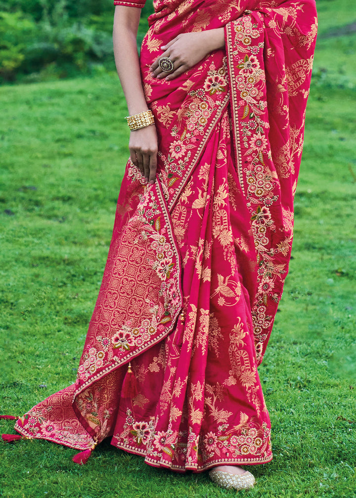 Cerise Pink Dola Silk Saree with Heavy Embroidery work (Pre-Order)