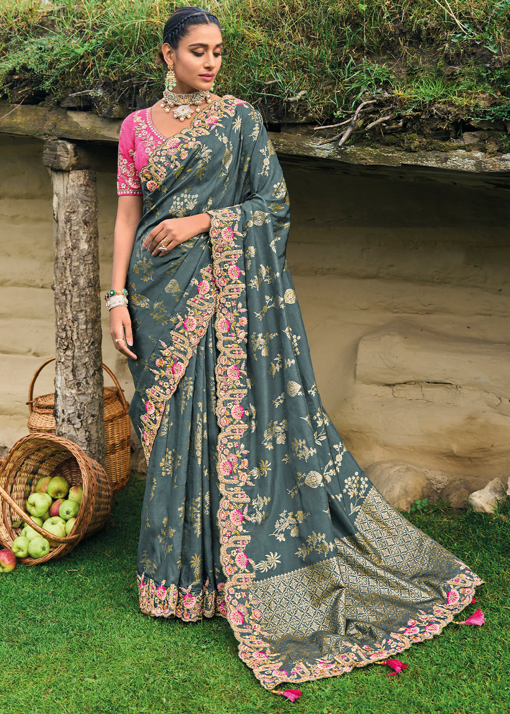 Mid Grey Dola Silk Saree with Heavy Embroidery work