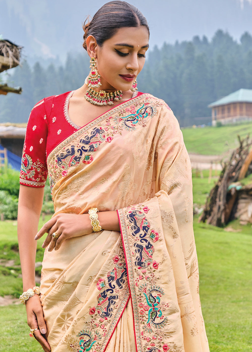 Beige Brown Dola Silk Saree with Heavy Embroidery work