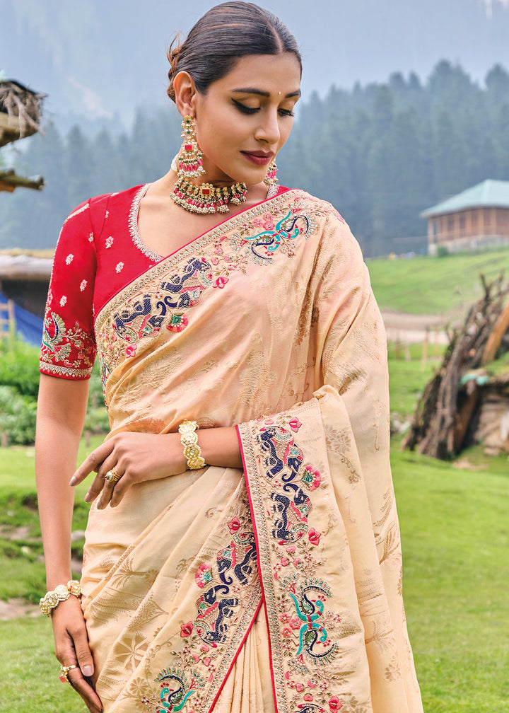 Beige Brown Dola Silk Saree with Heavy Embroidery work