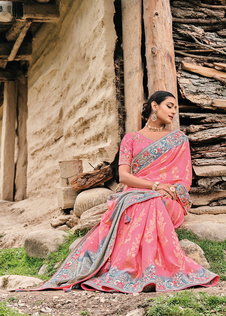 Light Punch Pink Dola Silk Saree with Heavy Embroidery work