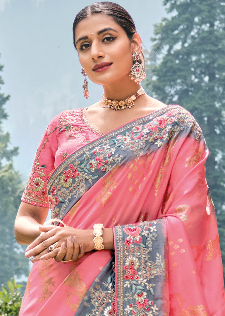 Light Punch Pink Dola Silk Saree with Heavy Embroidery work