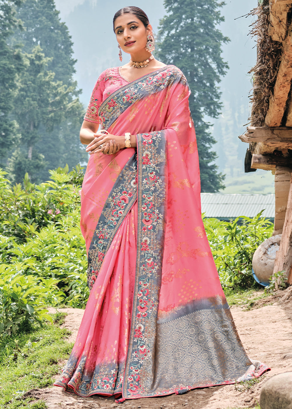 Light Punch Pink Dola Silk Saree with Heavy Embroidery work