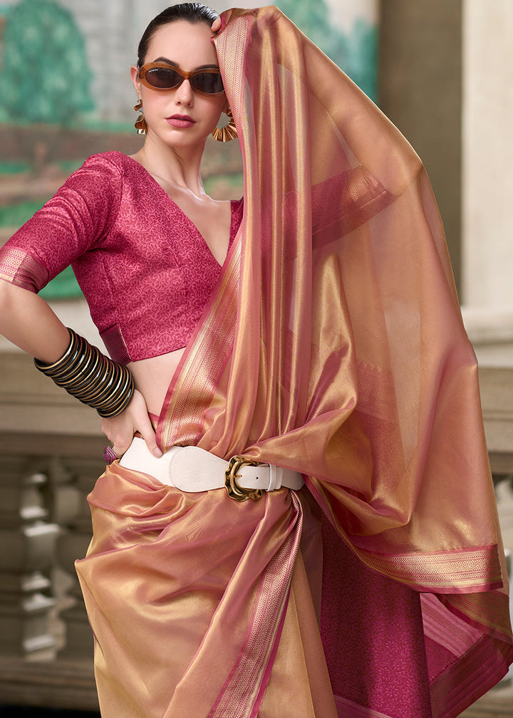 Light Brown & Pink Zari Woven Tissue Silk Saree