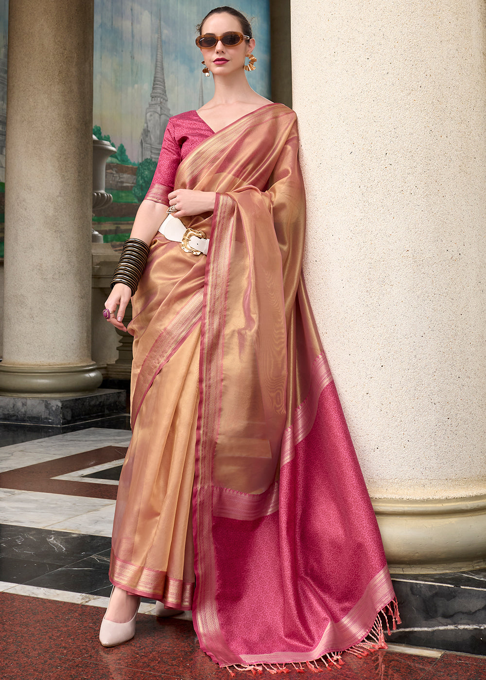 Light Brown & Pink Zari Woven Tissue Silk Saree