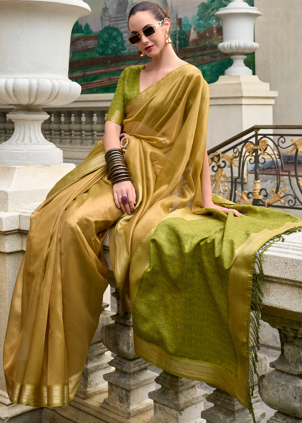 Shades Of Green Zari Woven Tissue Silk Saree