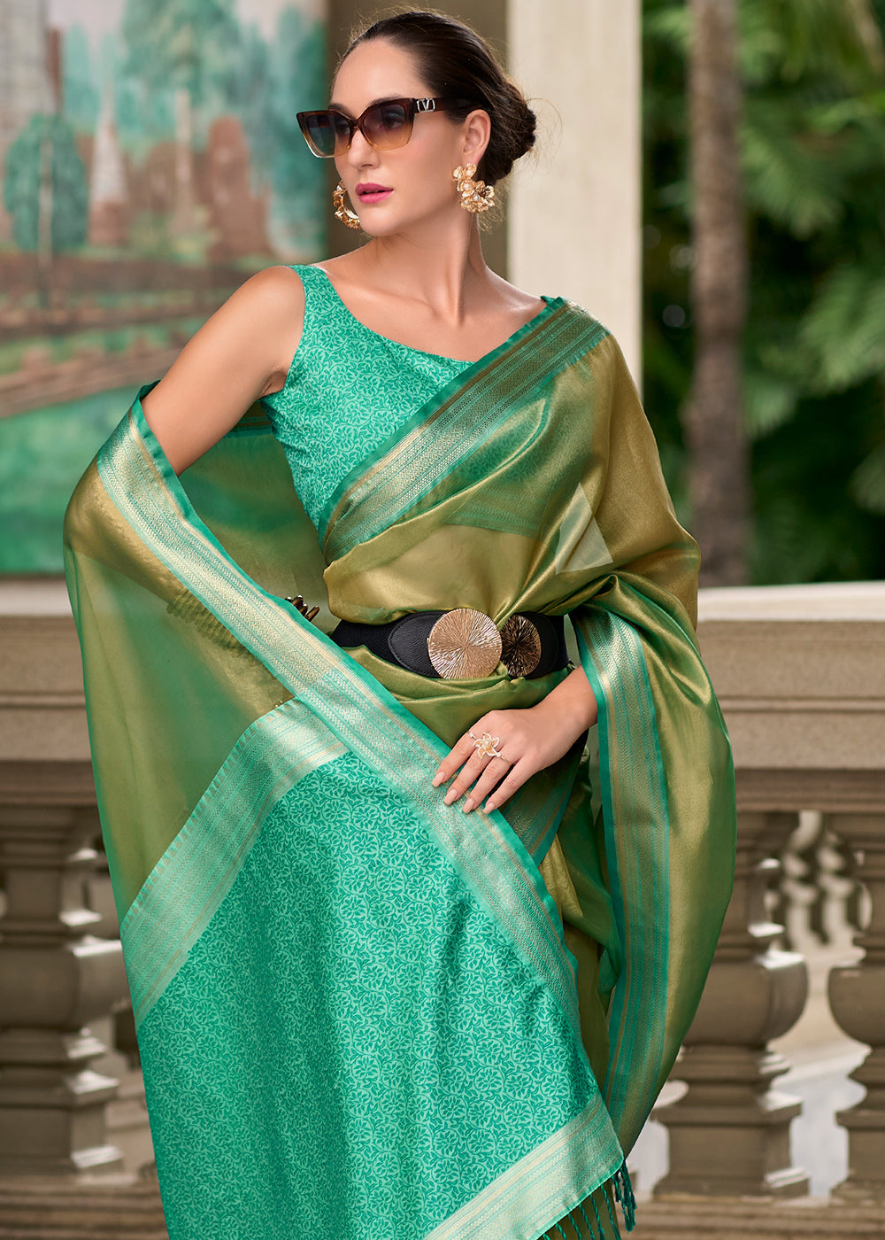 Shades Of Green Zari Woven Tissue Silk Saree