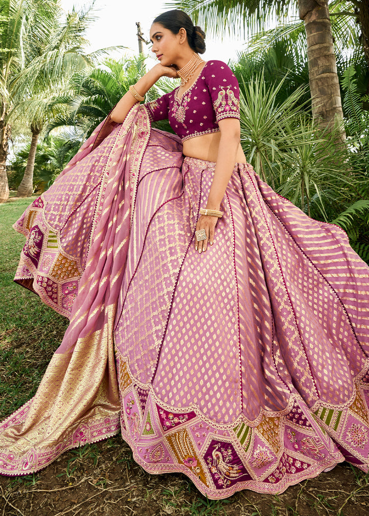 Shades Of Purple Crepe Georgette Lehenga with Embroidery, Thread work & Jacquard Butti all over