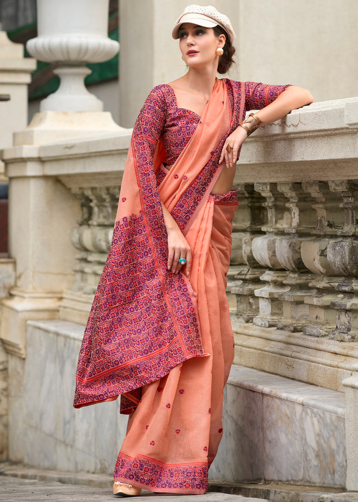 Apricot Orange Linen Silk Saree