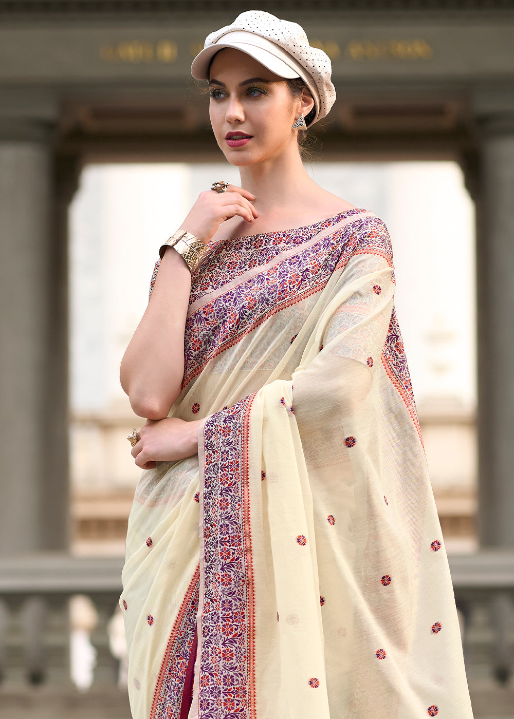 Cream White Linen Silk Saree