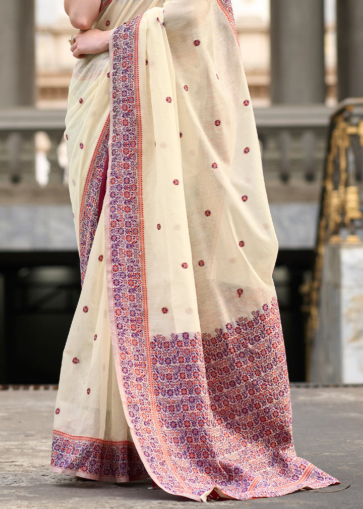 Cream White Linen Silk Saree