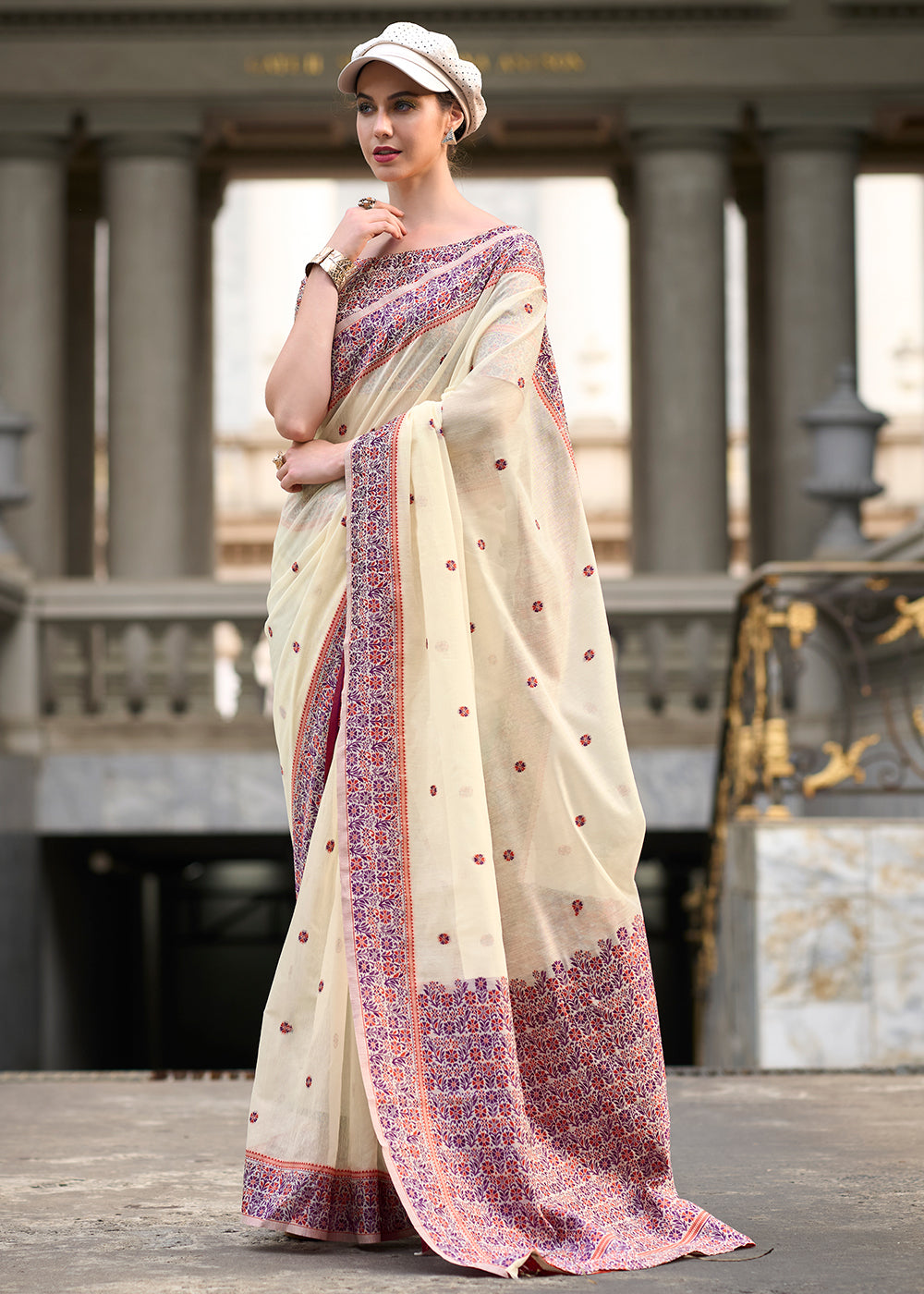 Cream White Linen Silk Saree