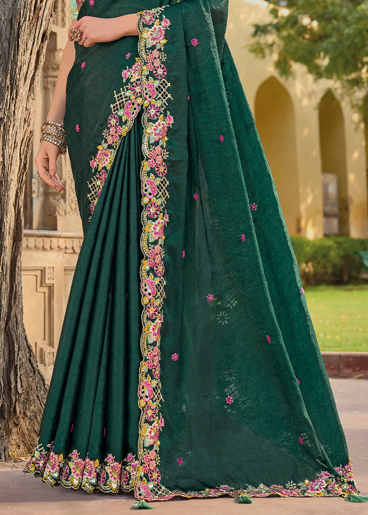 Sacramento Green Tissue Organza Silk with Embroidery Cut Work Border, Stone & Sequence work