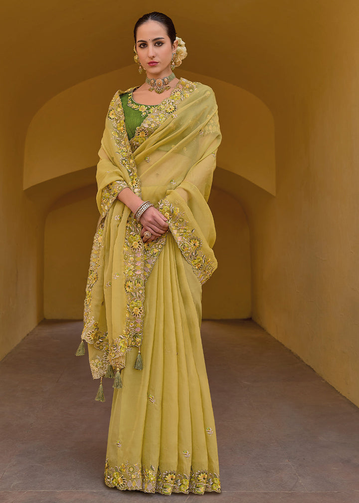 Lemon Yellow Tissue Organza Silk with Embroidery Cut Work Border, Stone & Sequence work