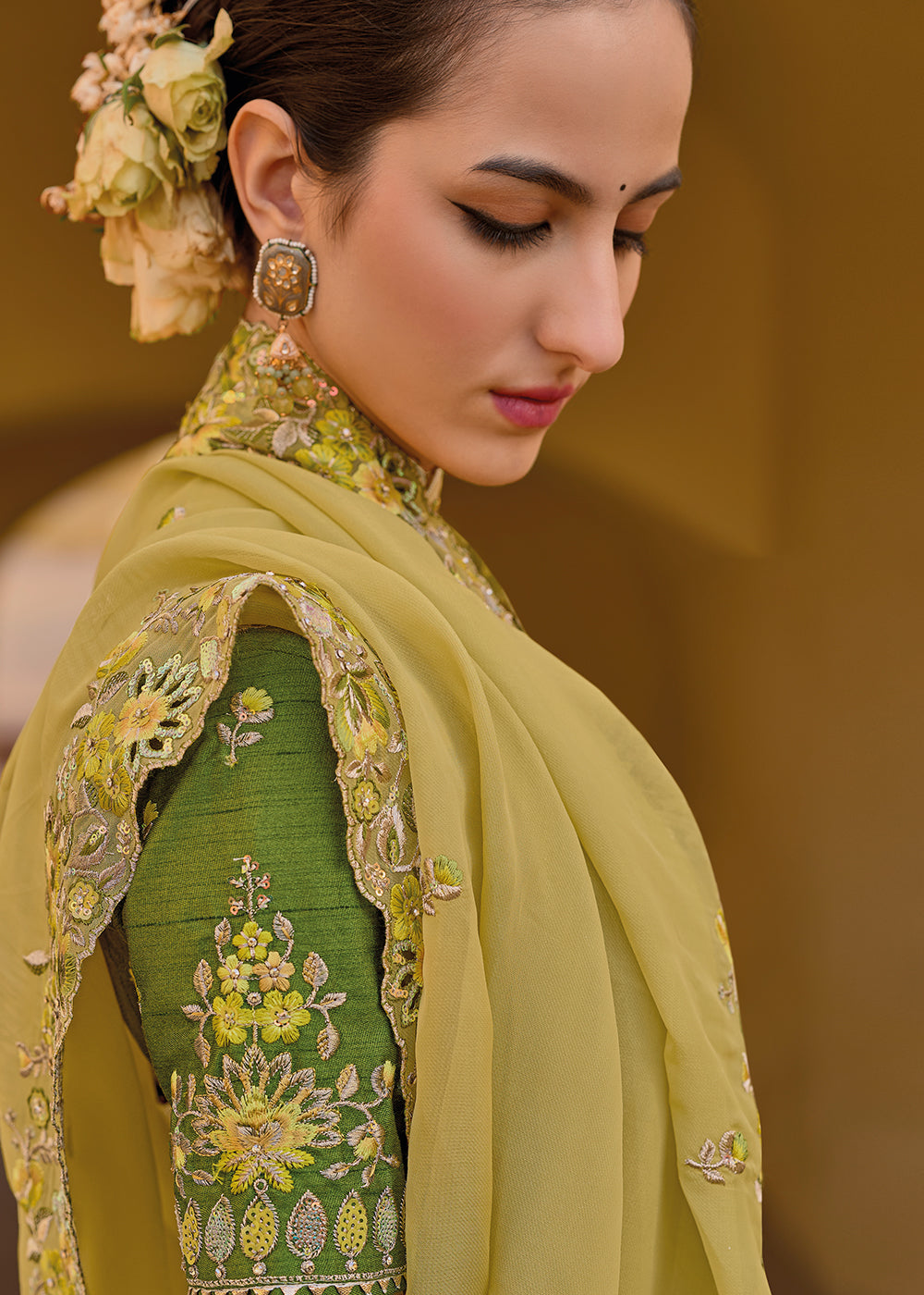 Lemon Yellow Tissue Organza Silk with Embroidery Cut Work Border, Stone & Sequence work