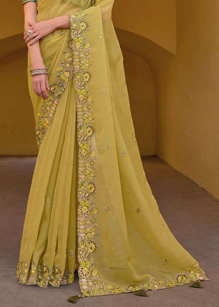 Lemon Yellow Tissue Organza Silk with Embroidery Cut Work Border, Stone & Sequence work