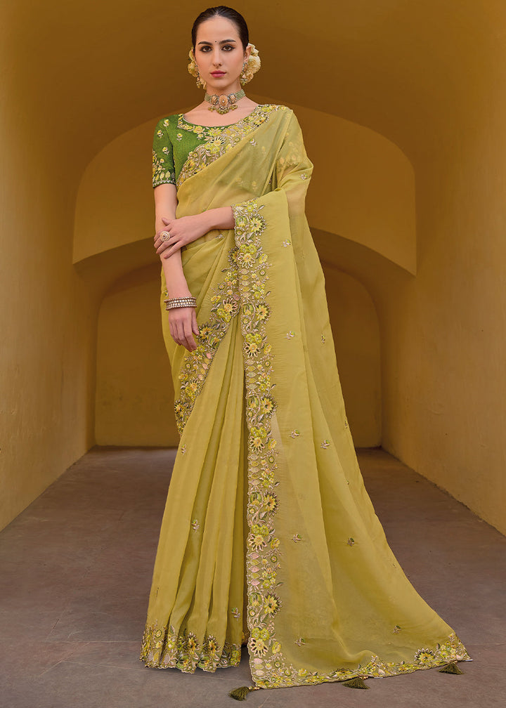 Lemon Yellow Tissue Organza Silk with Embroidery Cut Work Border, Stone & Sequence work