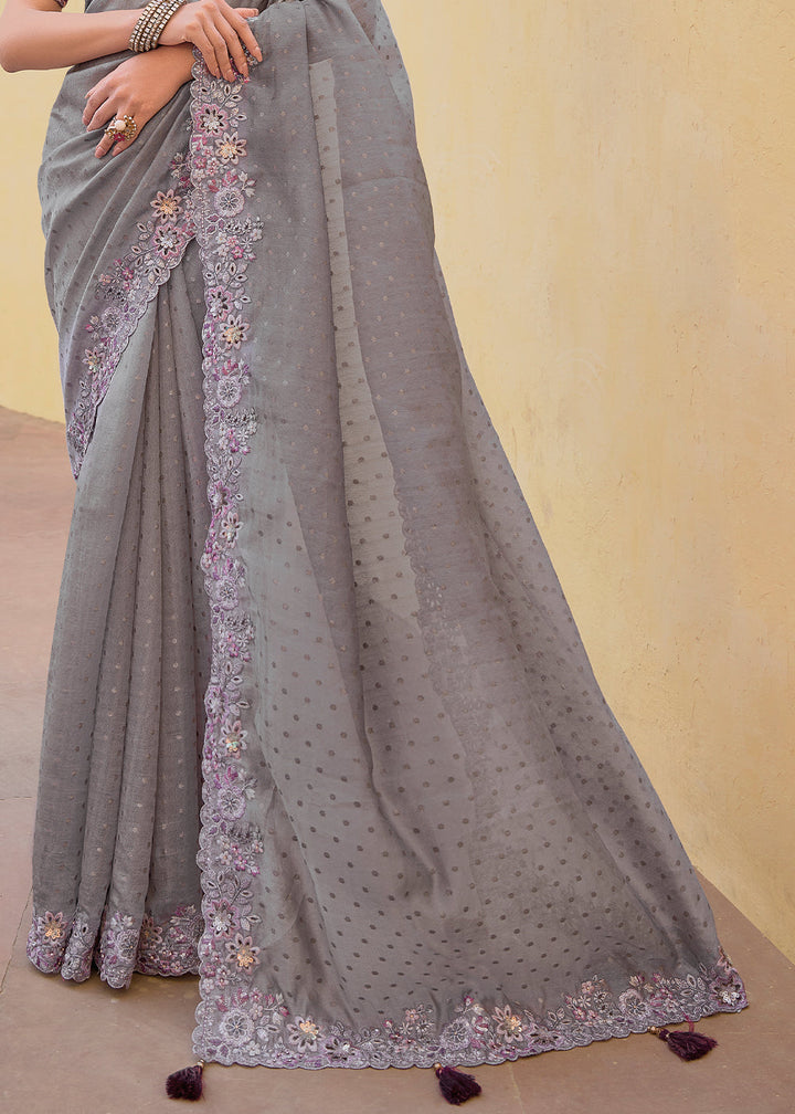 Seal Grey Tissue Organza Silk with Embroidery Cut Work Border, Stone & Sequence work