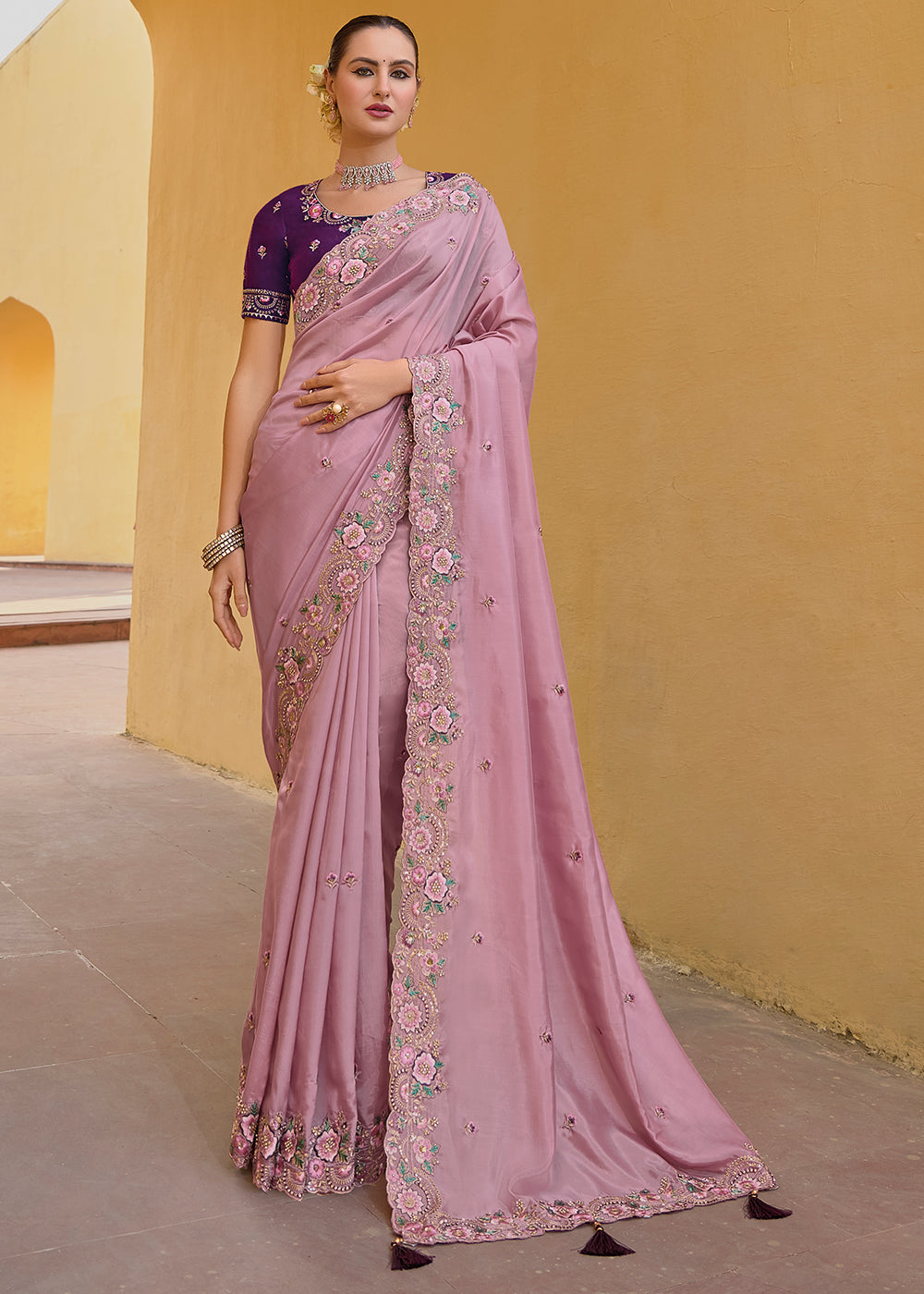 Pink Purple Tissue Organza Silk with Embroidery Cut Work Border, Stone & Sequence work