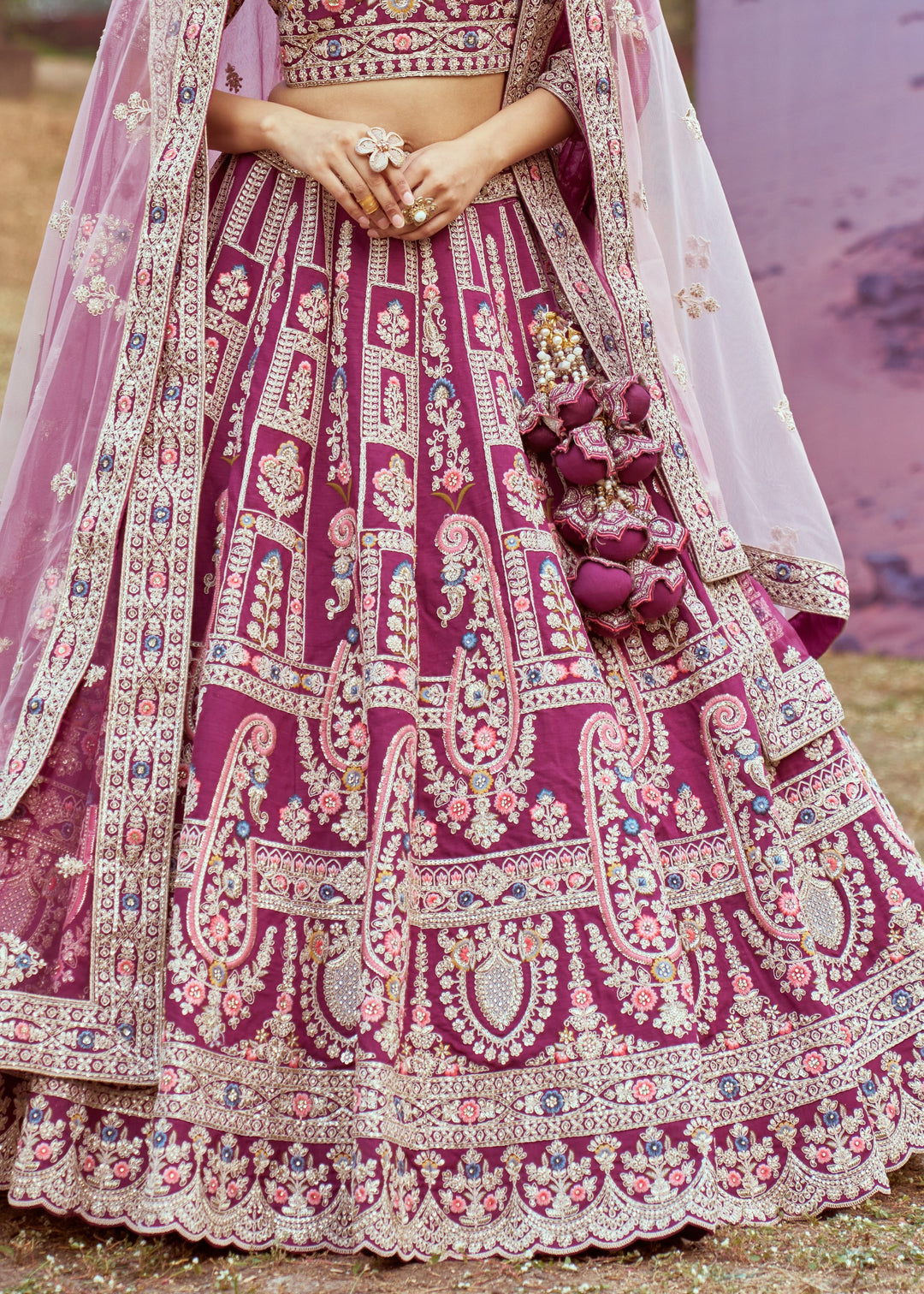 Purple Pure silk Moti, Coding embroidery Bridal Lehenga