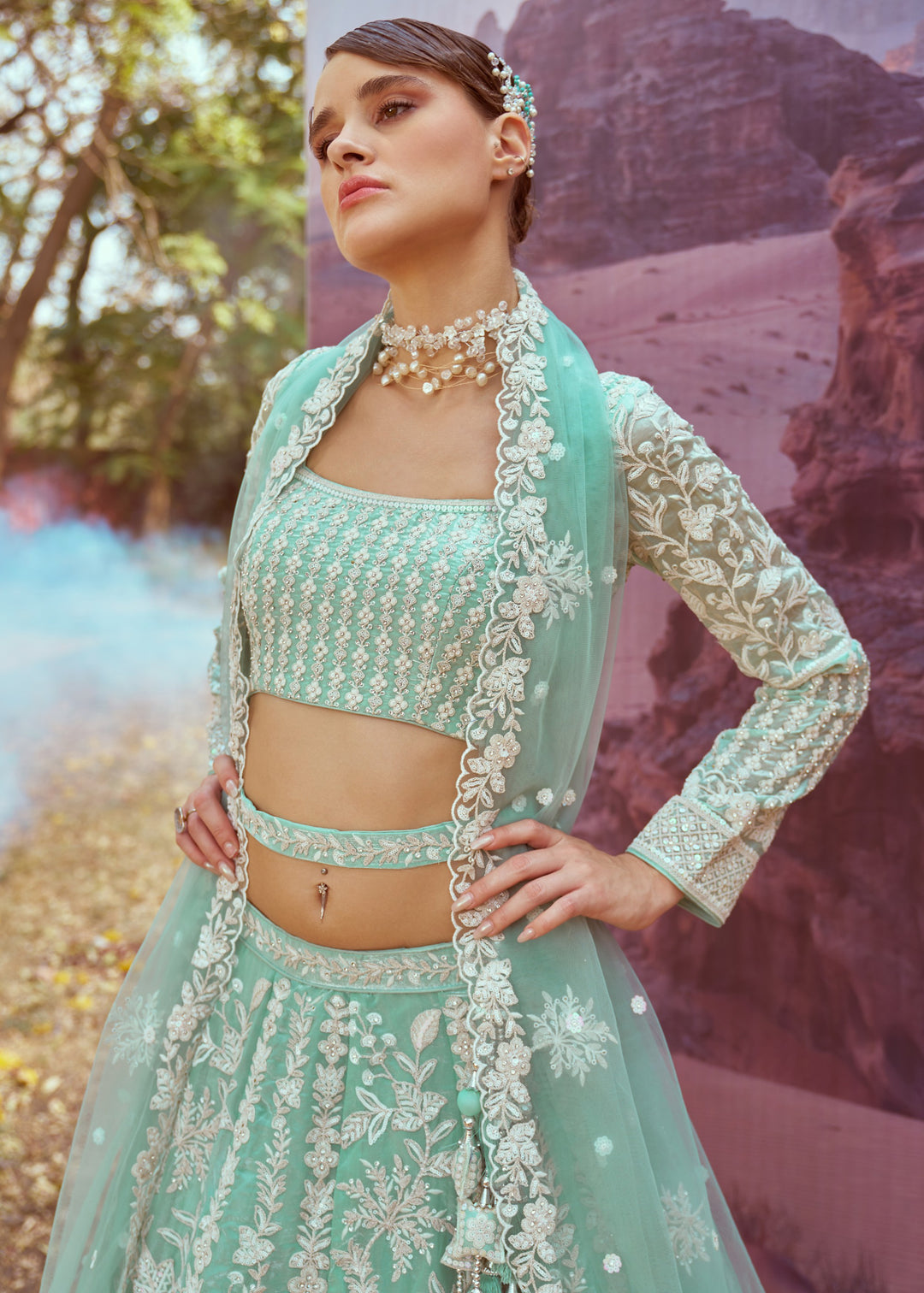 Sea green Organza Sequins embroidery Lehenga